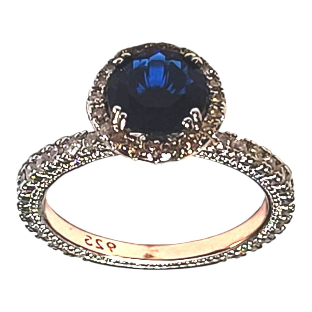 Blue Sapphire Halo Ring with Pave Band
